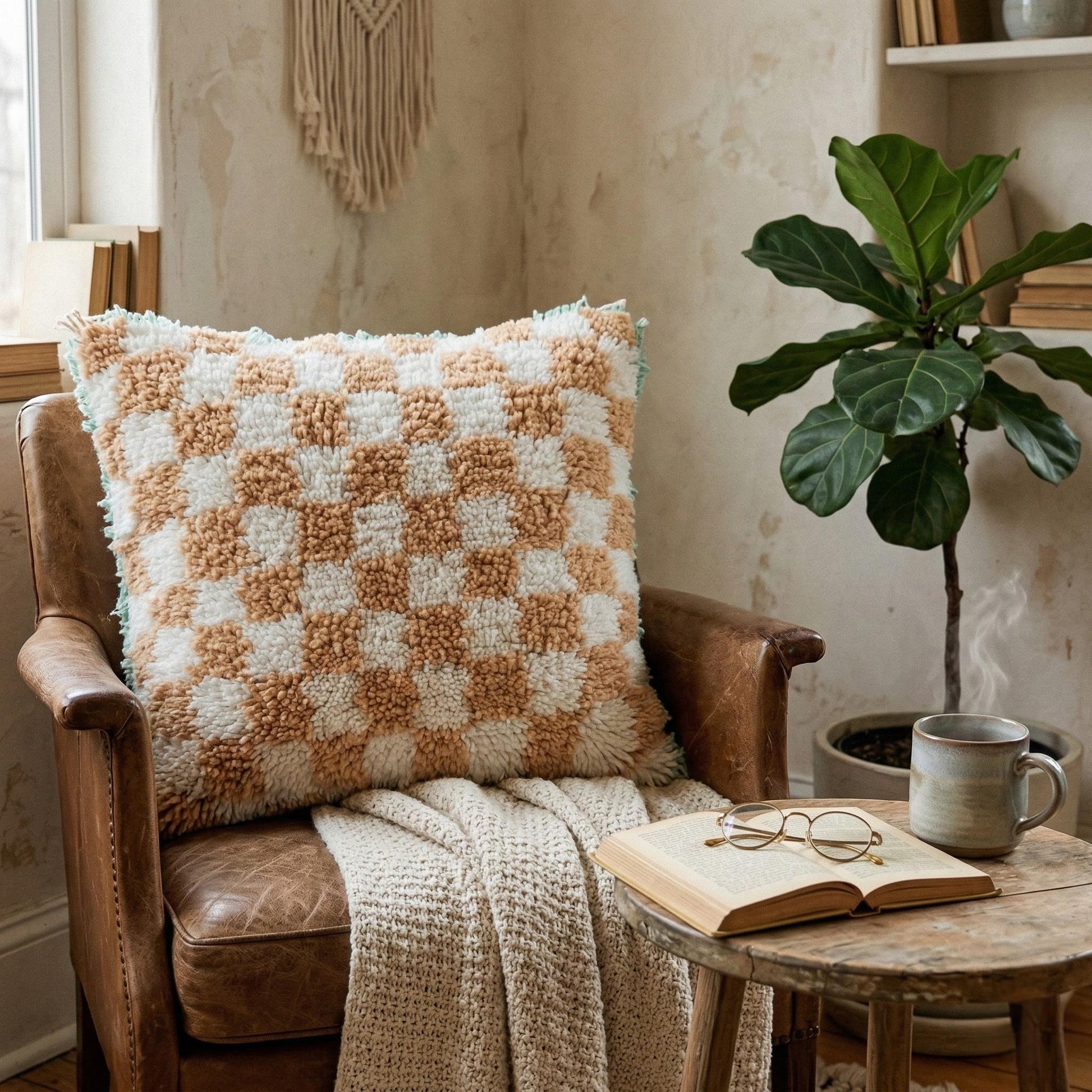 Cozy living room with a checkered pillow on a brown armchair, a plant, and a small table with a book and mug.