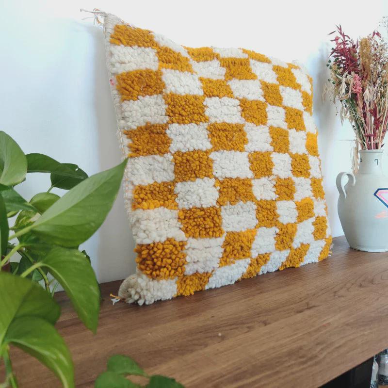 Moroccan Checkered Pillow Cover (Yellow & White)