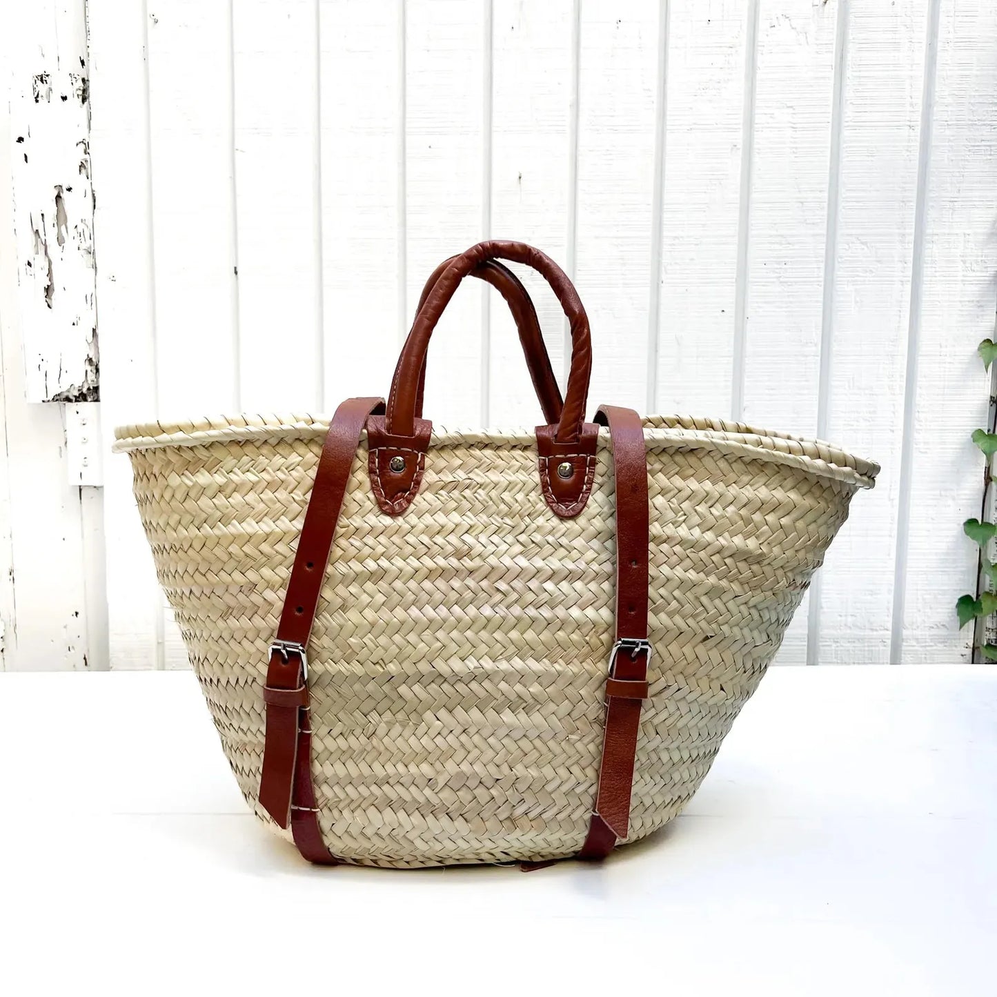 French Market Basket Backpack with Leather Straps