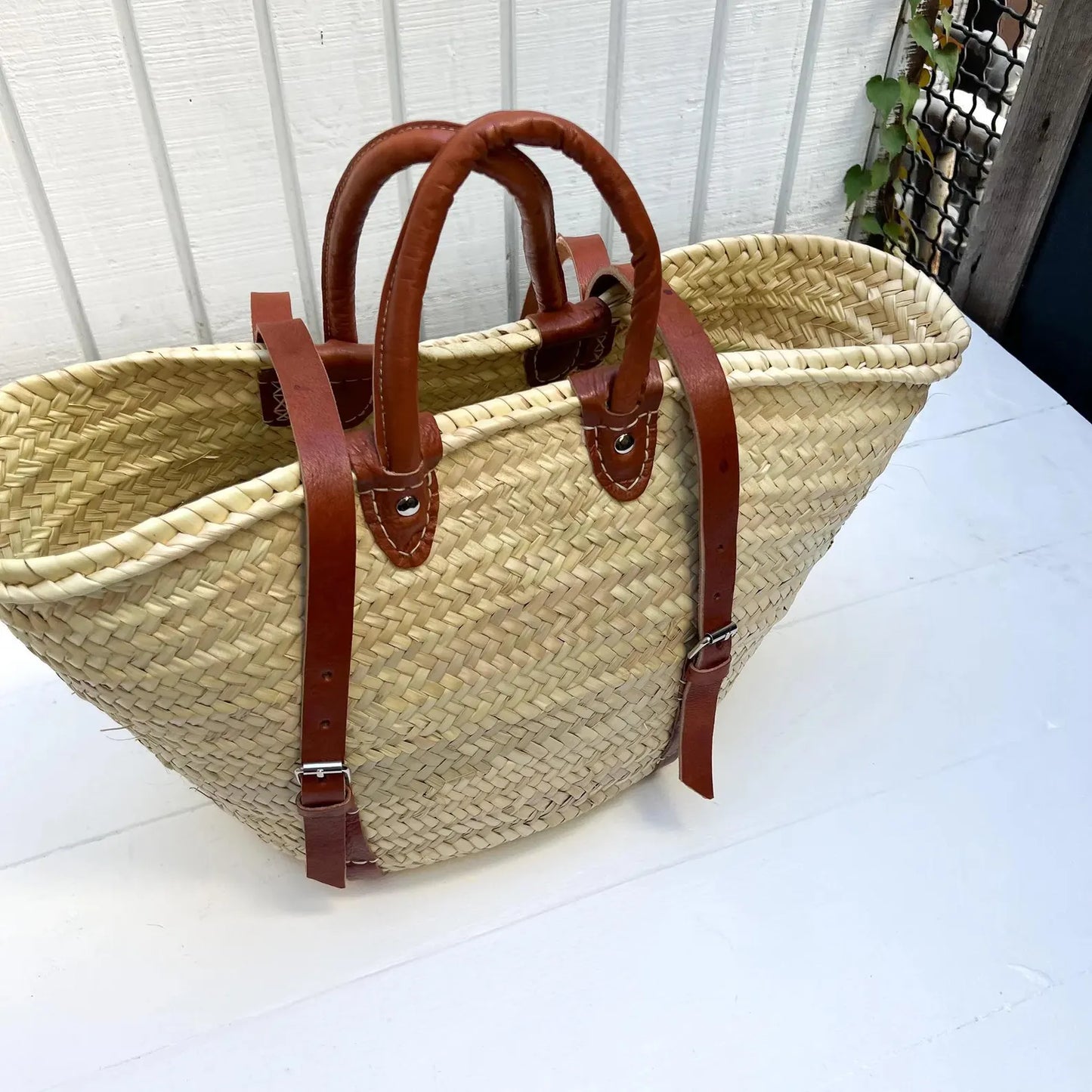 French Market Basket Backpack with Leather Straps