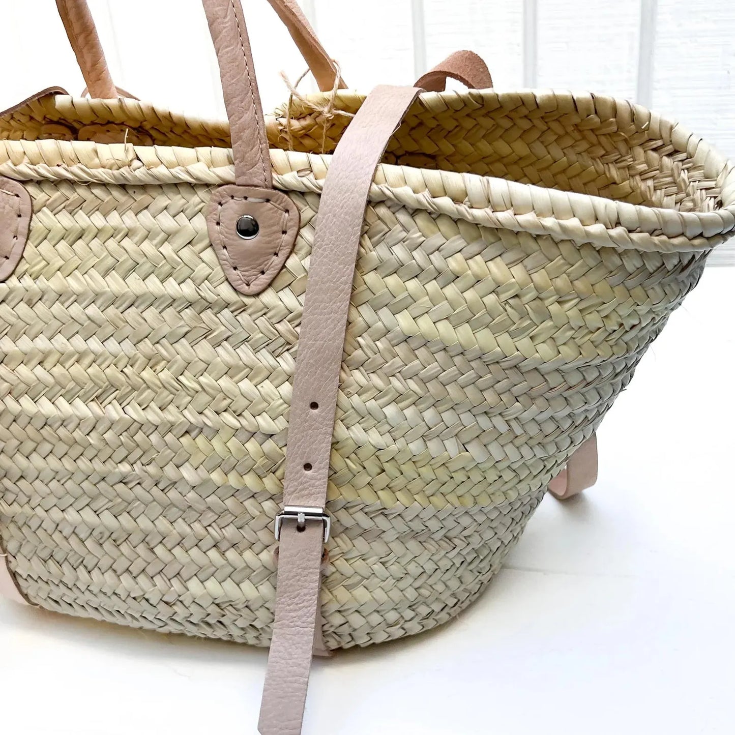 French Market Basket Backpack with Leather Straps