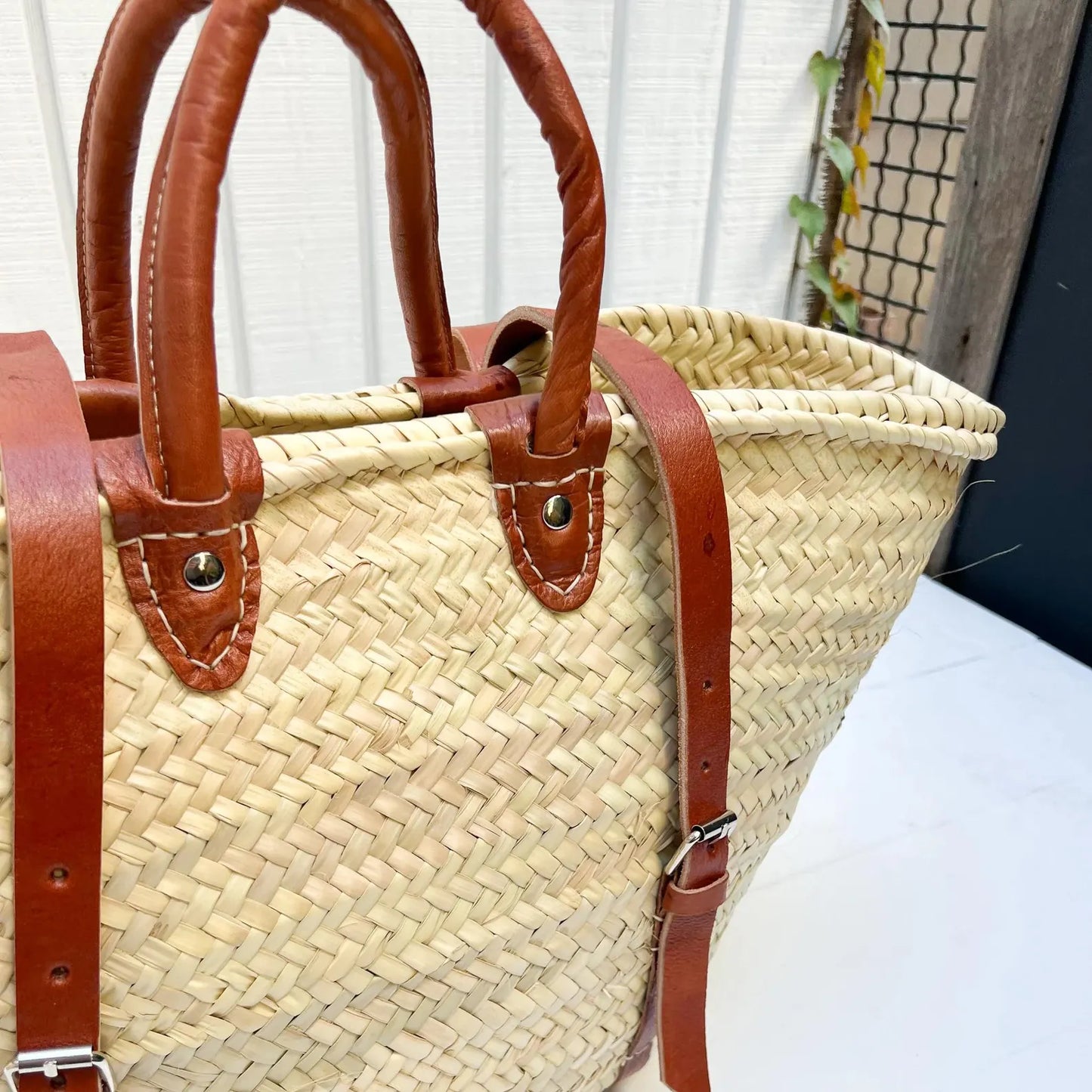 French Market Basket Backpack with Leather Straps
