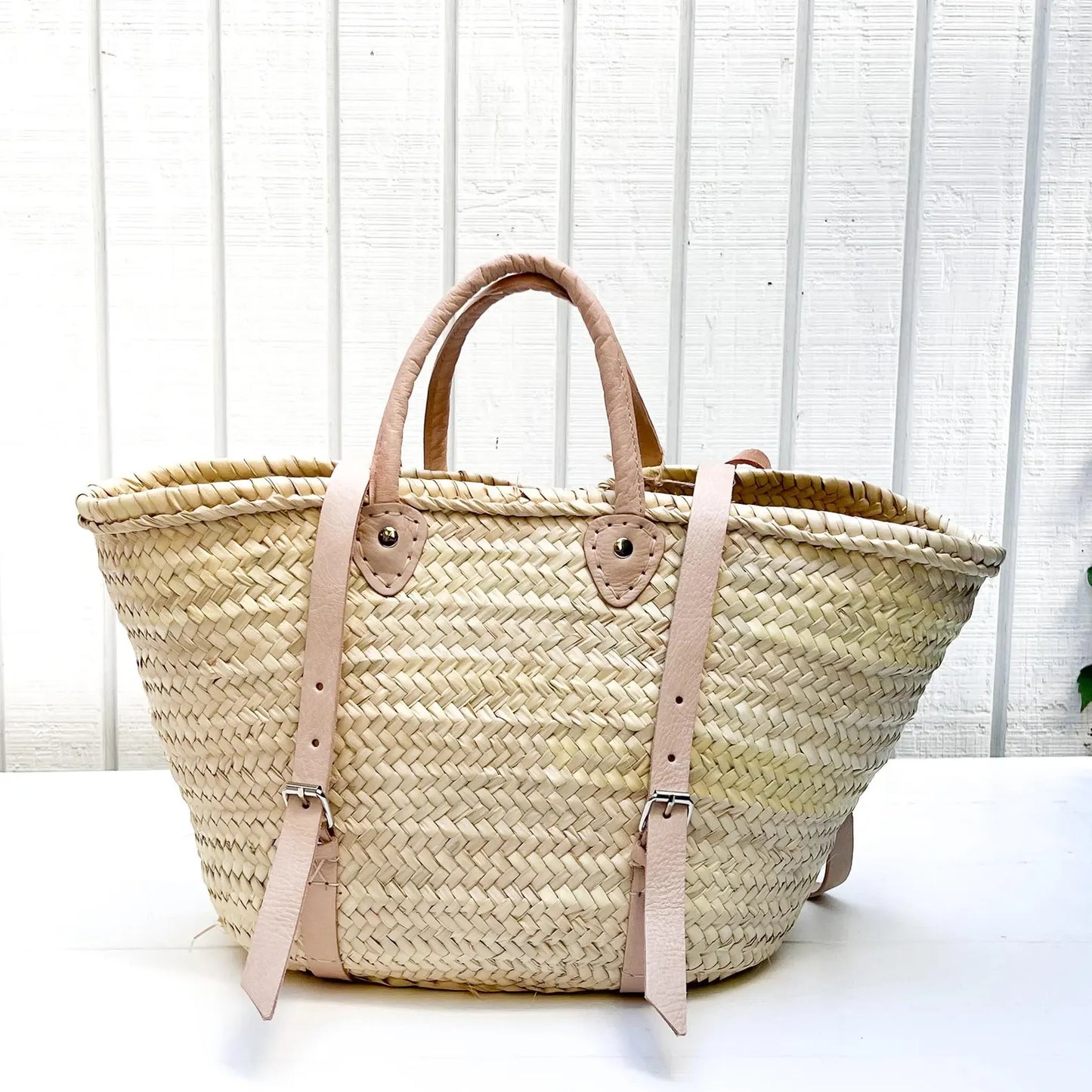 French Market Basket Backpack with Leather Straps