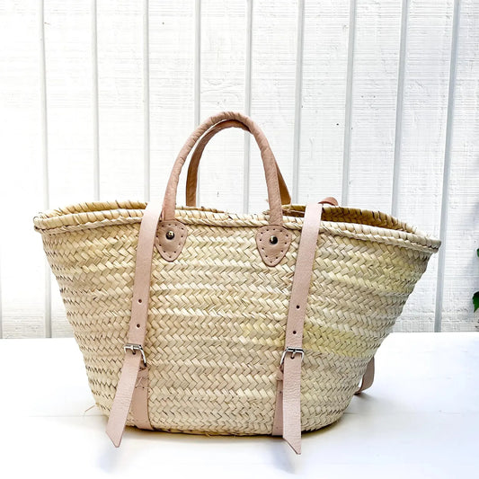 French Market Basket Backpack with Leather Straps